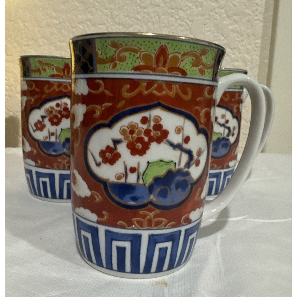 Colorful Vintage 1970's Takahashi IMARI 10oz Gold Accent Coffee or Tea Mugs x3